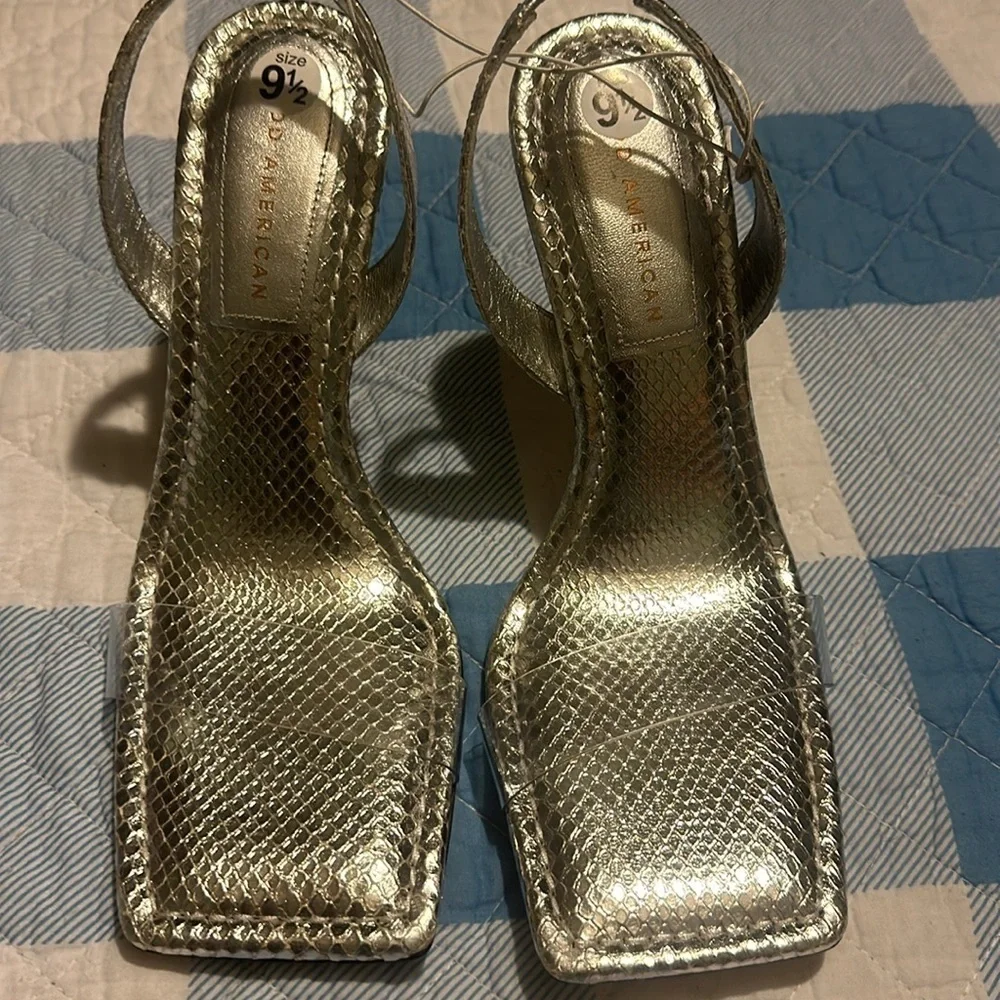 NEW Good American Open Square Toe Heels Silver Snake size 9.5